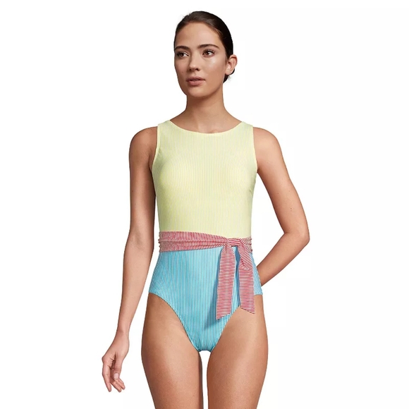 Lands' End Long High-Neck Seersucker Tummy Control One-Piece Swimsuit - Picture 1 of 6